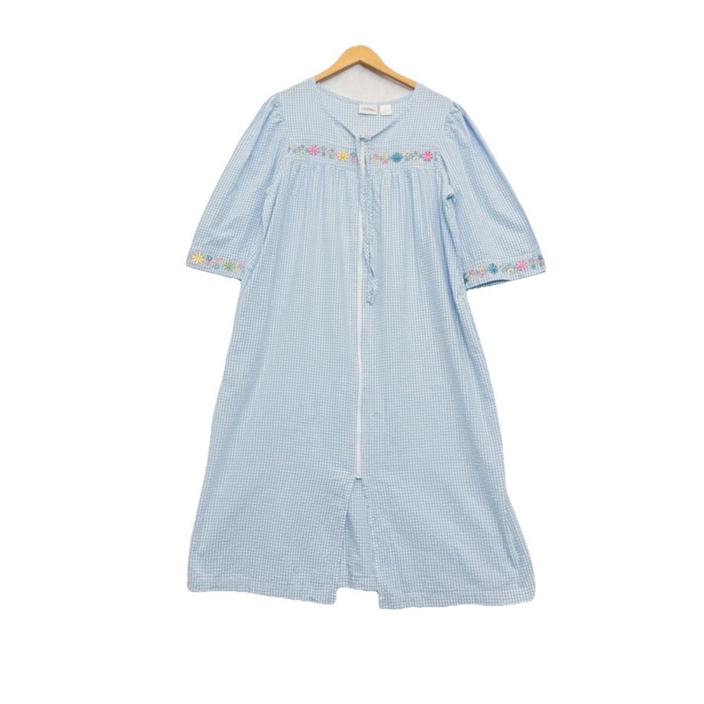 The Vermont Country Store Nightgown Large Embroidered Plaid Pockets Zip Front